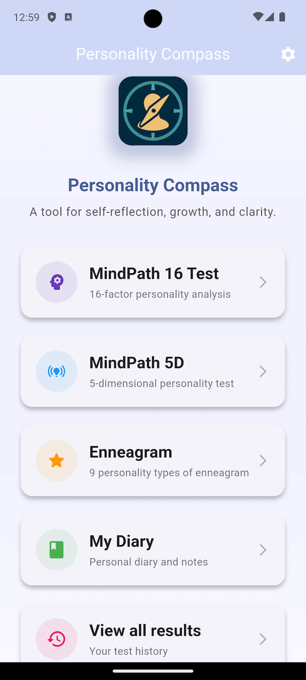 Personality Compass main screen showing MindPath 16, MindPath 5D, Enneagram tests and My Diary for self-discovery