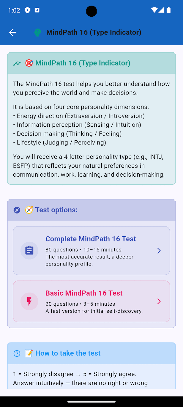 Personality Compass test selection screen with options for MindPath 16 personality analysis, MindPath 5D trait assessment, and Enneagram typing