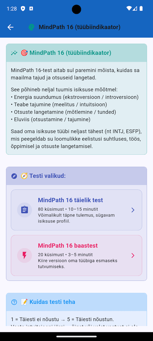 Isiksuse Kompass - Testide valik ekraan, kus saab valida MindPath 16, 5D või Enneagrammi testi vahel