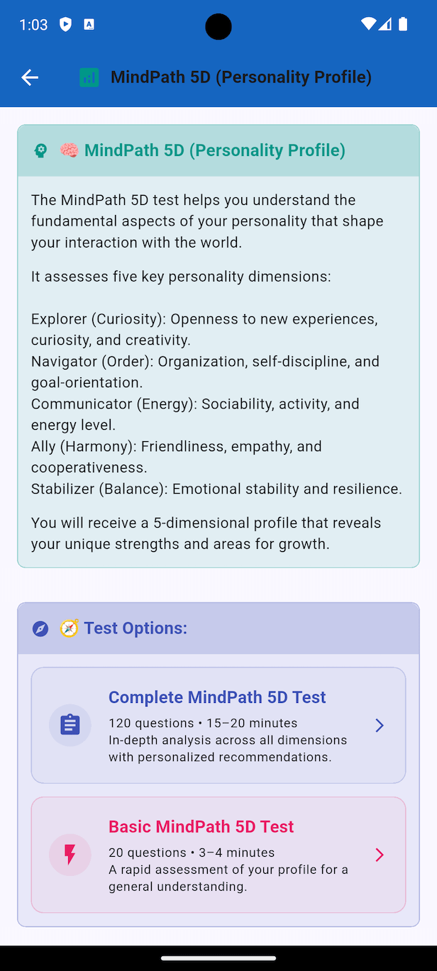 MindPath 16 test interface in Personality Compass - 16 personality types analysis questions