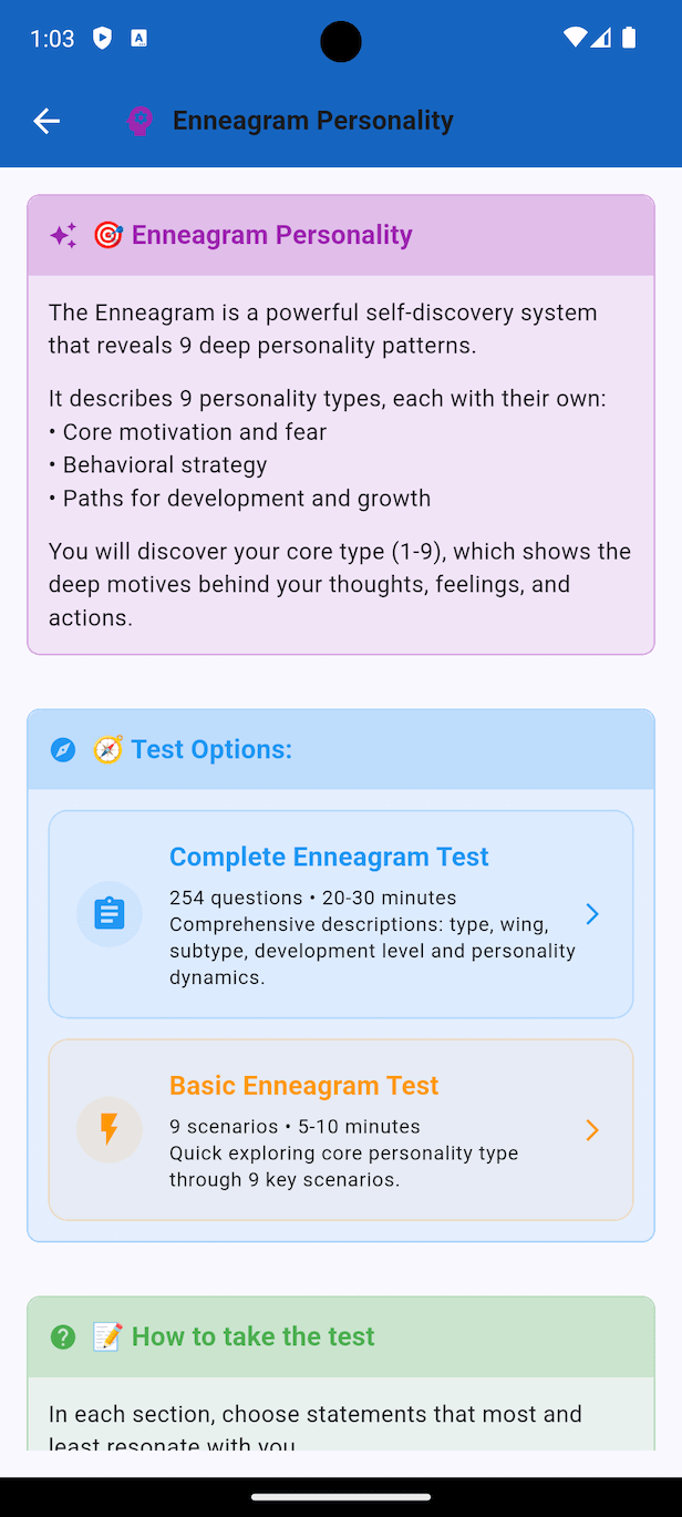 Enneagram results screen in Personality Compass showing 9 personality types with development levels and growth paths