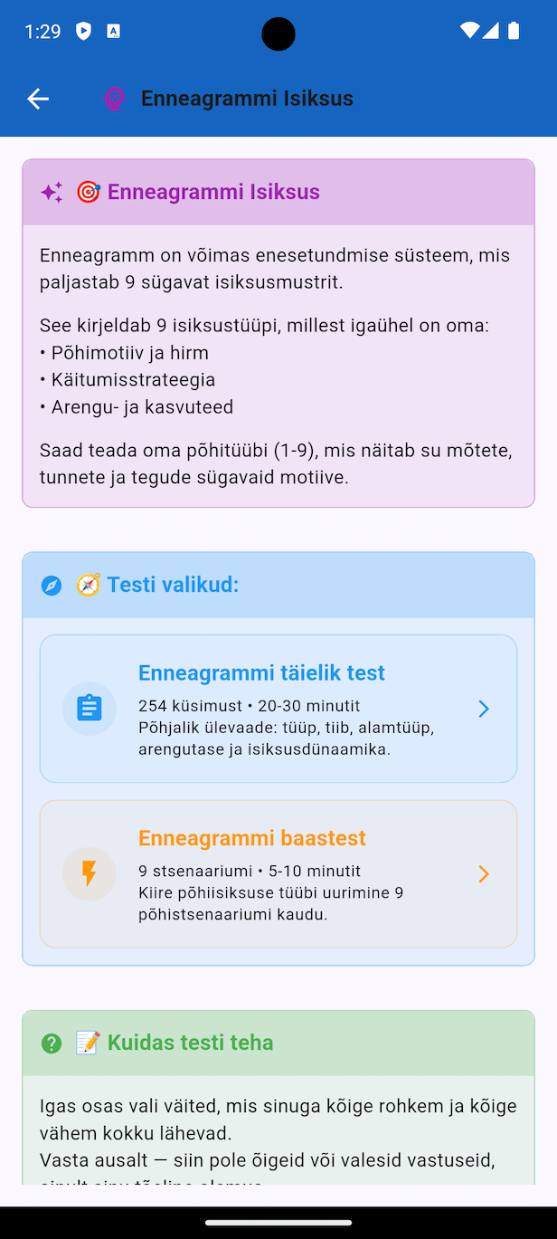 Isiksuse Kompass - Enneagrammi tulemuste ekraan, mis näitab 9 tüüpi koos arengutasemetega