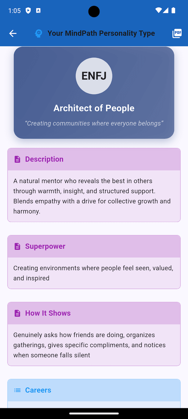 Professional PDF report generated by Personality Compass with colorful diagrams and detailed personality analysis