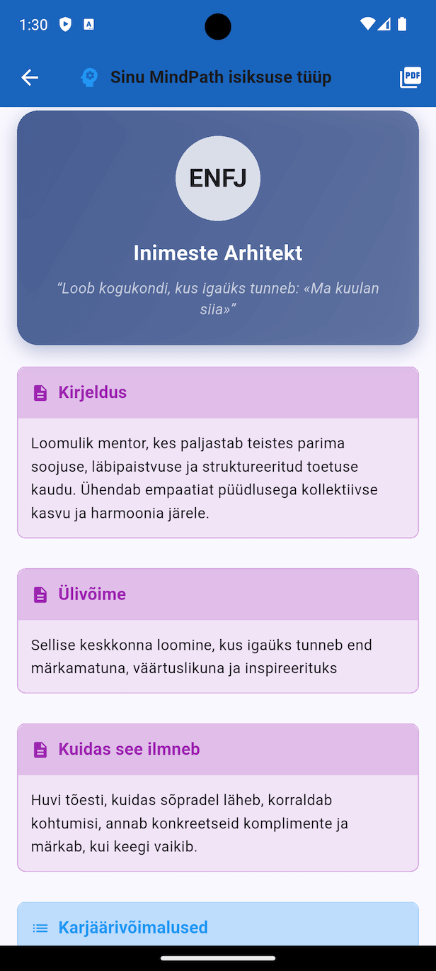 Isiksuse Kompass - Professionaalsete PDF aruannete näide värviliste diagrammide ja isiksuseanalüüsiga